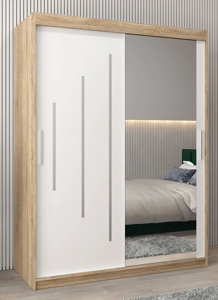 Schiebetürenschrank / Kleiderschrank mit Spiegel Tomlis 03B, Farbe: Eiche Sonoma / Weiß matt - Abmessungen: 200 x 150 x 62 cm (H x B x T)