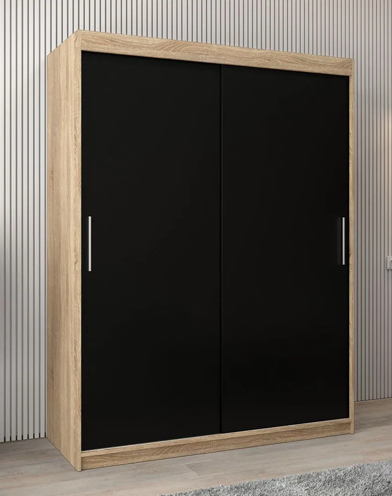 Schiebetürenschrank / Kleiderschrank Bisaurin 3A, Farbe: Eiche Sonoma / Schwarz - Abmessungen: 200 x 150 x 62 cm ( H x B x T)