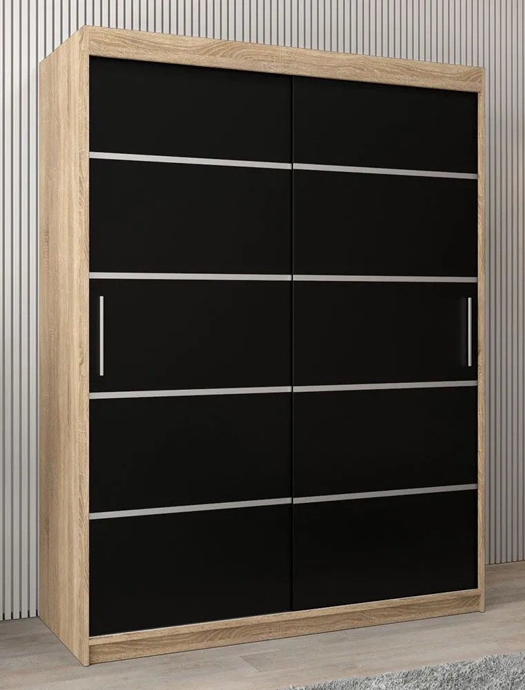 Schiebetürenschrank / Kleiderschrank Jan 03A, Farbe: Eiche Sonoma / Schwarz - Abmessungen: 200 x 150 x 62 cm ( H x B x T)