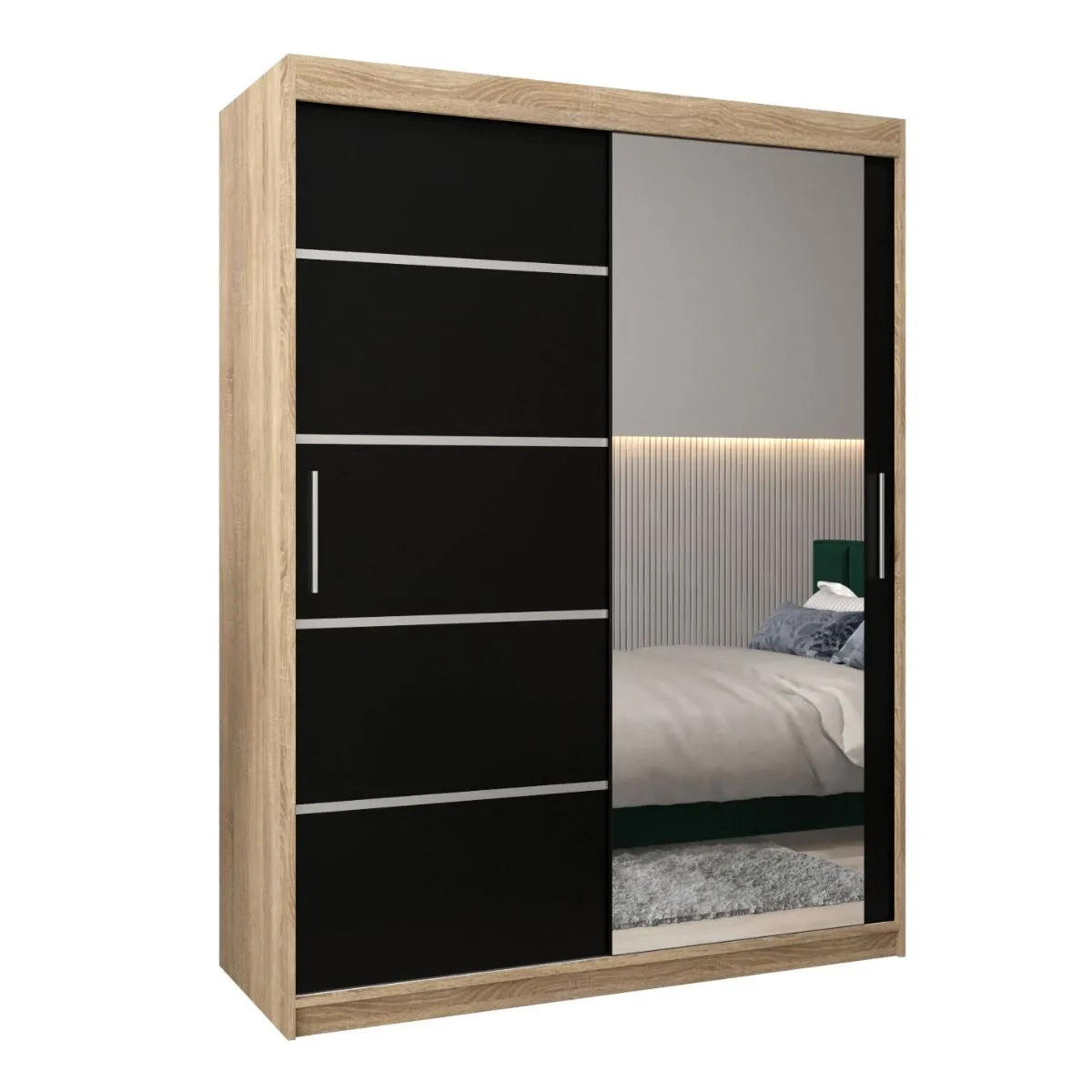 Schiebetürenschrank / Kleiderschrank Jan 03B mit Spiegel, Farbe: Eiche Sonoma / Schwarz - Abmessungen : 200 x 150 x 62 cm ( H x B x T)