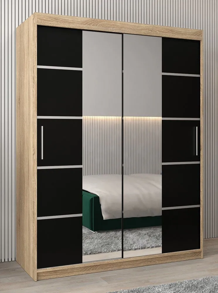 Schiebetürenschrank / Kleiderschrank Jan 03D mit Spiegel, Farbe: Eiche Sonoma / Schwarz - Abmessungen: 200 x 150 x 62 cm (H x B x T)