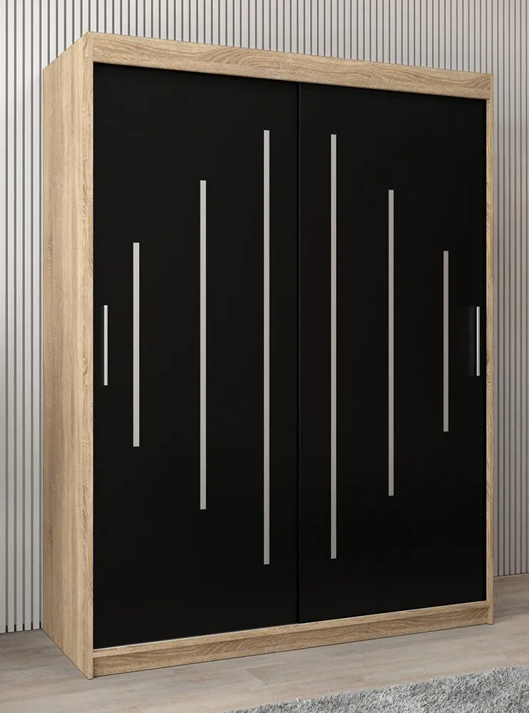 Schiebetürenschrank / Kleiderschrank Pilatus 03, Farbe: Eiche Sonoma / Schwarz - Abmessungen: 200 x 150 x 62 cm (H x B x T)