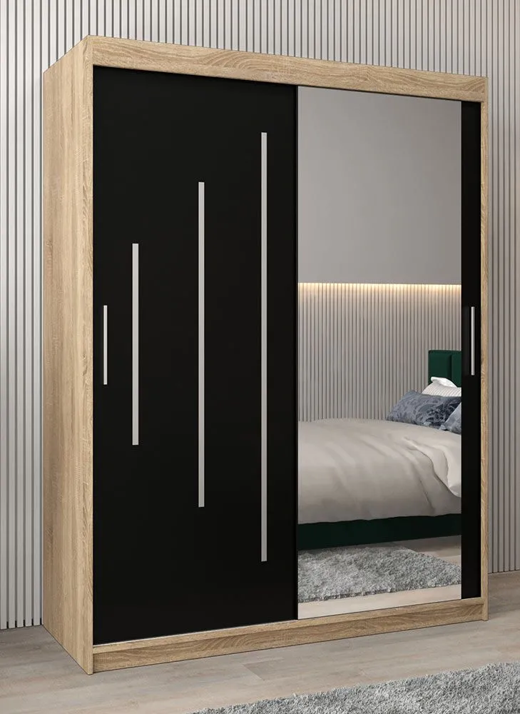 Schiebetürenschrank / Kleiderschrank mit Spiegel Tomlis 03B, Farbe: Eiche Sonoma / Schwarz - Abmessungen: 200 x 150 x 62 cm (H x B x T)