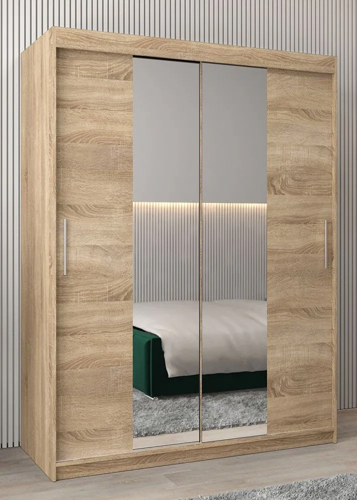 Schiebetürenschrank / Kleiderschrank Bisaurin 3B mit Spiegel, Farbe: Eiche Sonoma - Abmessungen: 200 x 150 x 62 cm ( H x B x T)