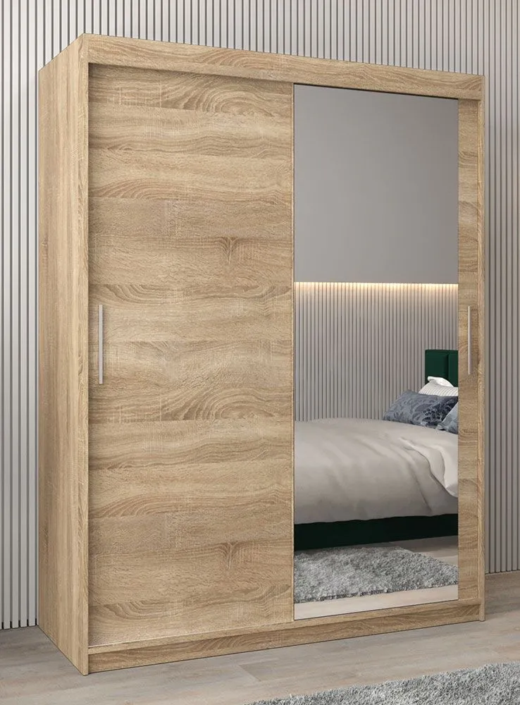 Schiebetürenschrank / Kleiderschrank Bisaurin 3C mit Spiegel, Farbe: Eiche Sonoma - Abmessungen: 200 x 150 x 62 cm ( H x B x T)