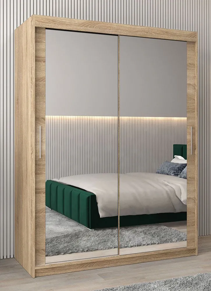 Schiebetürenschrank / Kleiderschrank Bisaurin 3D mit Spiegel, Farbe: Eiche Sonoma - Abmessungen: 200 x 150 x 62 cm ( H x B x T)