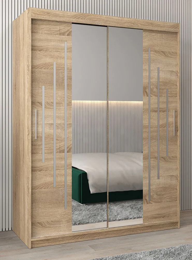 Schiebetürenschrank / Kleiderschrank mit Spiegel Tomlis 03A, Farbe: Eiche Sonoma - Abmessungen: 200 x 150 x 62 cm (H x B x T)