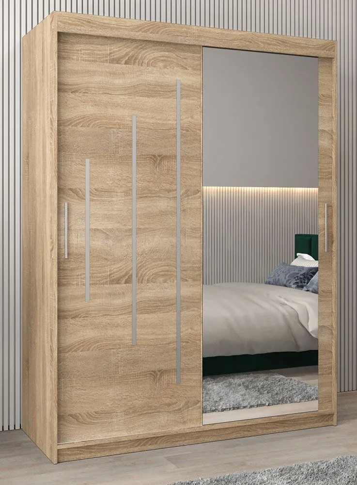 Schiebetürenschrank / Kleiderschrank mit Spiegel Tomlis 03B, Farbe: Eiche Sonoma - Abmessungen: 200 x 150 x 62 cm (H x B x T)