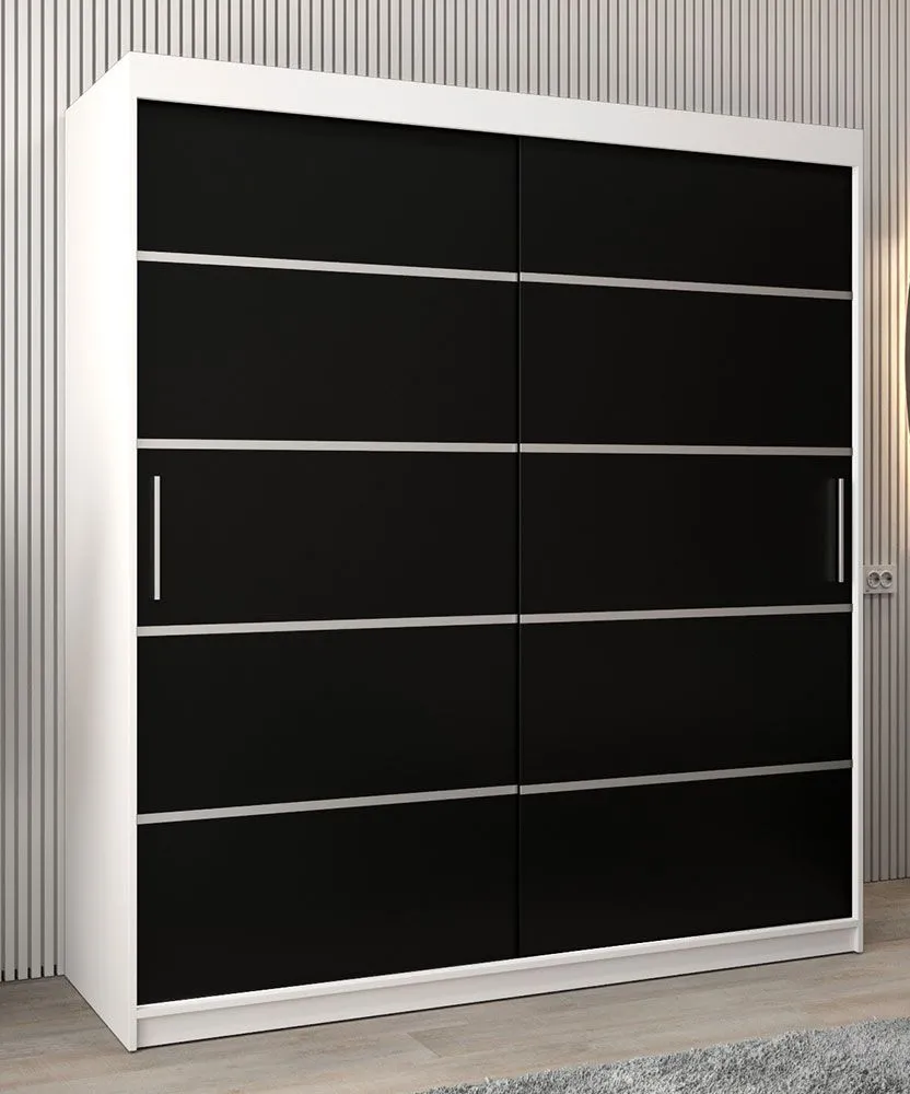 Schiebetürenschrank / Kleiderschrank Jan 04A, Farbe:  Weiß matt / Schwarz - Abmessungen: 200 x 180 x 62 cm ( H x B x T)