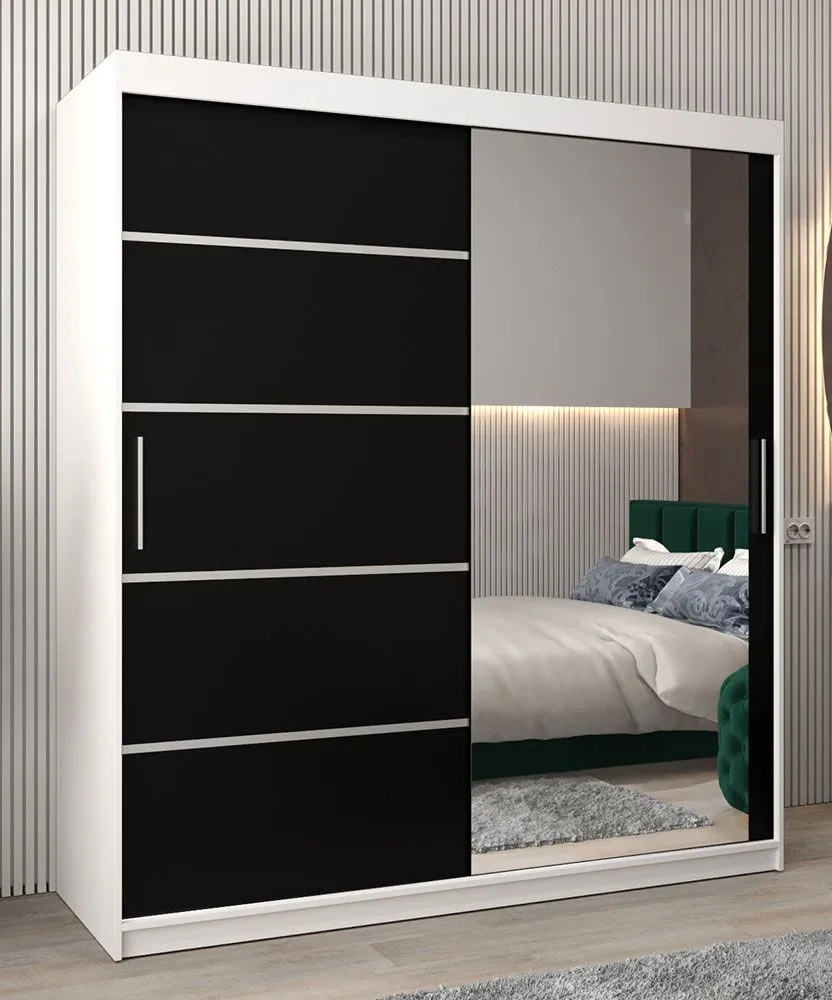 Schiebetürenschrank / Kleiderschrank Jan 04B mit Spiegel, Farbe: Weiß Matt / Schwarz - Abmessungen: 200 x 180 x 62 cm ( H x B x T)