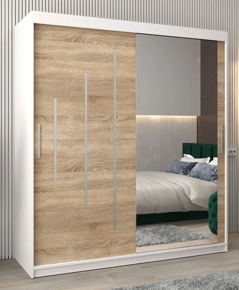 Schiebetürenschrank / Kleiderschrank mit Spiegel Tomlis 04B, Farbe: Weiß matt / Eiche Sonoma - Abmessungen: 200 x 180 x 62 cm (H x B x T)
