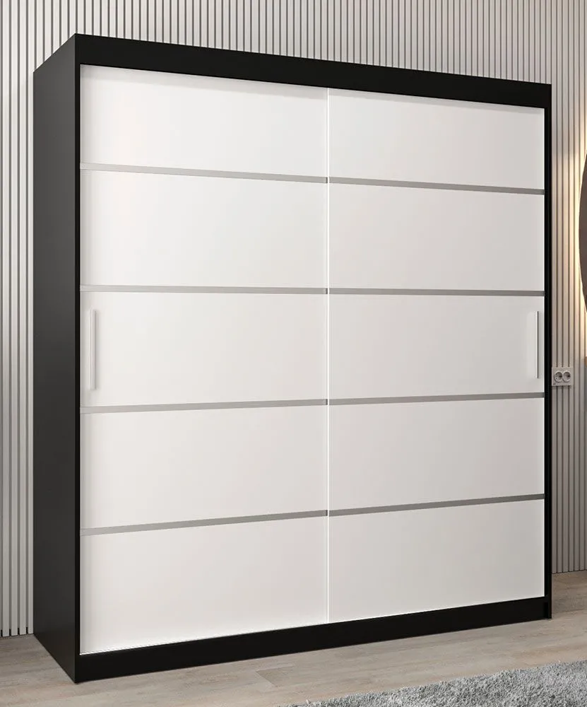 Schiebetürenschrank / Kleiderschrank Jan 04A, Farbe: Schwarz / Weiß matt - Abmessungen: 200 x 180 x 62 cm ( H x B x T)