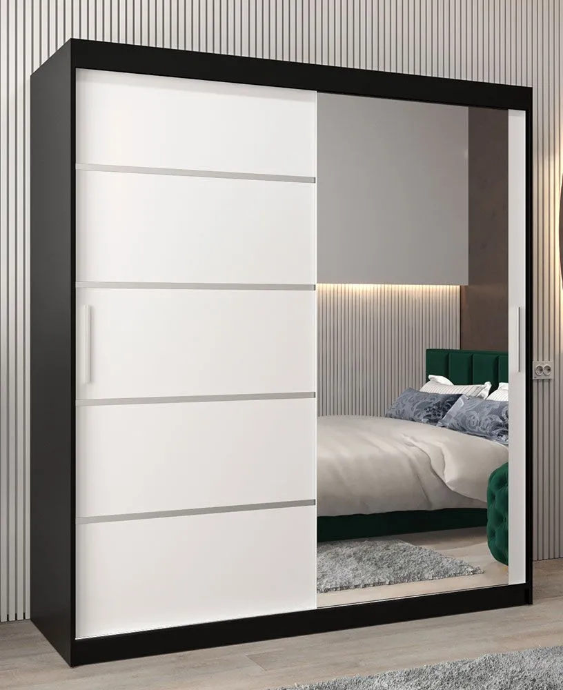 Schiebetürenschrank / Kleiderschrank Jan 04B mit Spiegel, Farbe: Schwarz / Weiß matt - Abmessungen: 200 x 180 x 62 cm ( H x B x T)