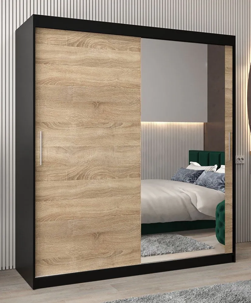 Schiebetürenschrank / Kleiderschrank Bisaurin 4C mit Spiegel, Farbe: Schwarz / Eiche Sonoma - Abmessungen: 200 x 180 x 62 cm ( H x B x T)