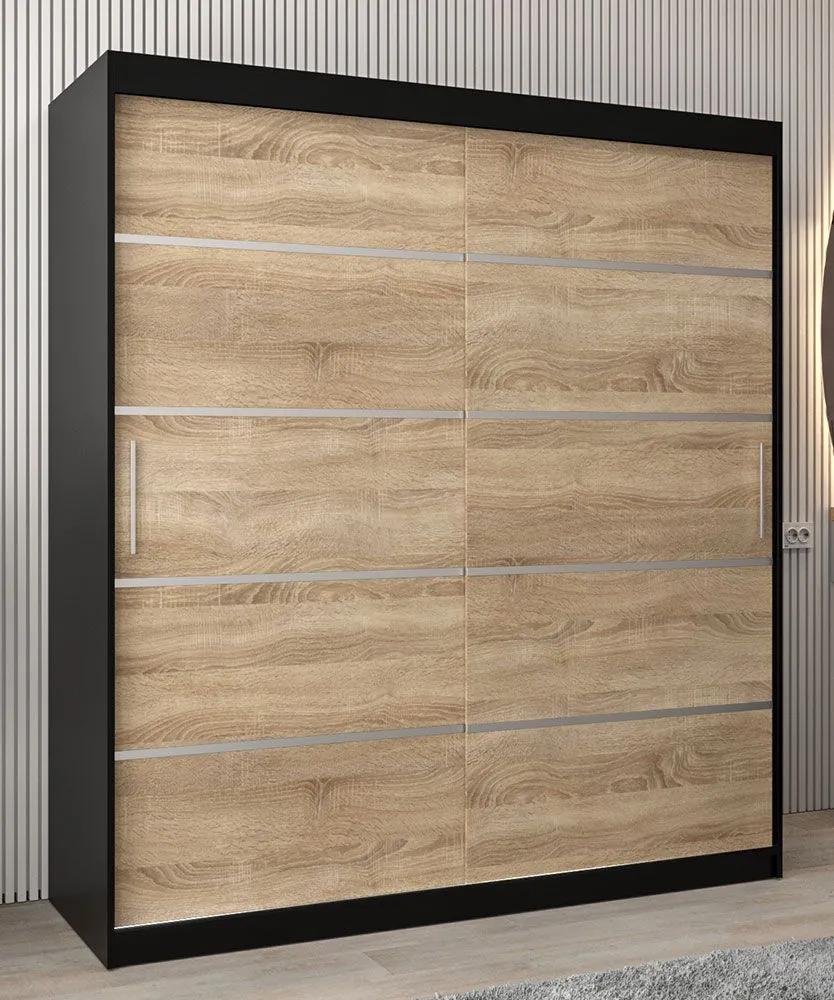 Schiebetürenschrank / Kleiderschrank Jan 04A, Farbe: Schwarz / Eiche Sonoma - Abmessungen: 200 x 180 x 62 cm ( H x B x T)