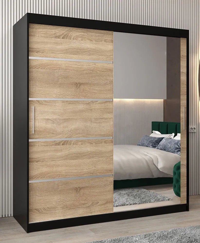 Schiebetürenschrank / Kleiderschrank Jan 04B mit Spiegel, Farbe: Schwarz / Eiche Sonoma - Abmessungen: 200 x 180 x 62 cm ( H x B x T)