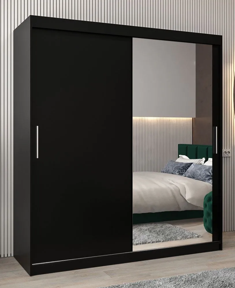 Schiebetürenschrank / Kleiderschrank Bisaurin 4C mit Spiegel, Farbe: Schwarz - Abmessungen: 200 x 180 x 62 cm ( H x B x T)