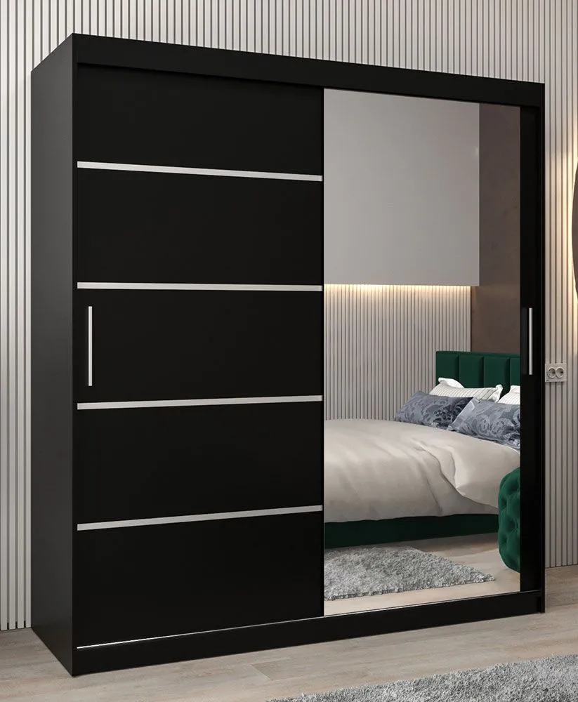 Schiebetürenschrank / Kleiderschrank Jan 04B mit Spiegel, Farbe: Schwarz - Abmessungen: 200 x 180 x 62 cm ( H x B x T)