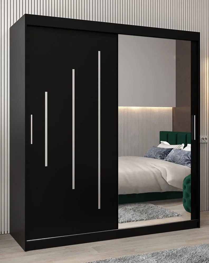 Schiebetürenschrank / Kleiderschrank mit Spiegel Tomlis 04B, Farbe: Schwarz - Abmessungen: 200 x 180 x 62 cm (H x B x T)