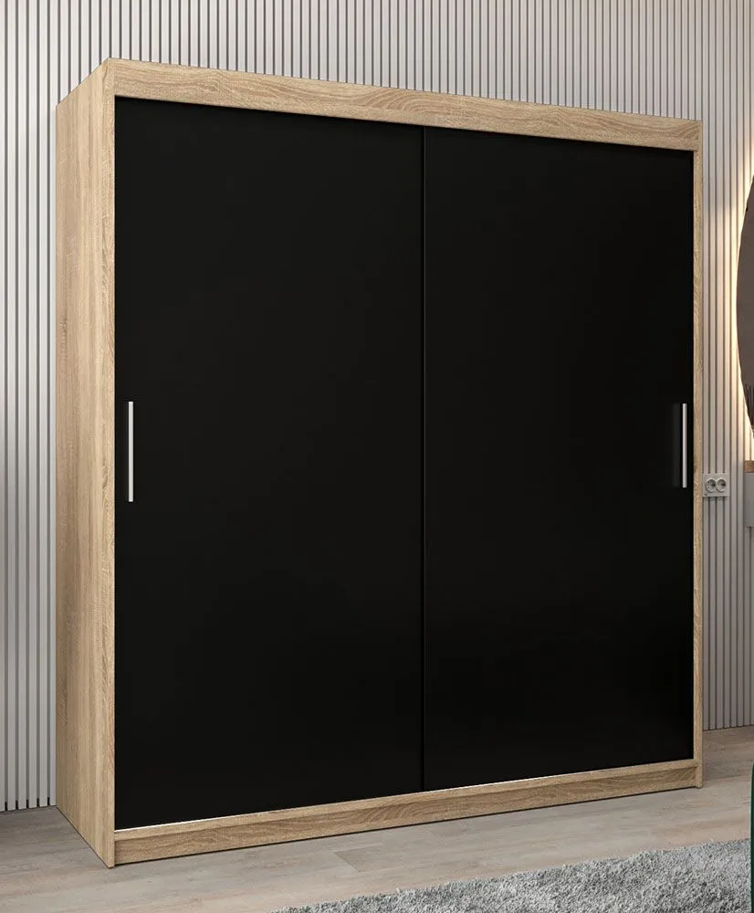 Schiebetürenschrank / Kleiderschrank Bisaurin 4A, Farbe: Eiche Sonoma / Schwarz - Abmessungen: 200 x 180 x 62 cm ( H x B x T)