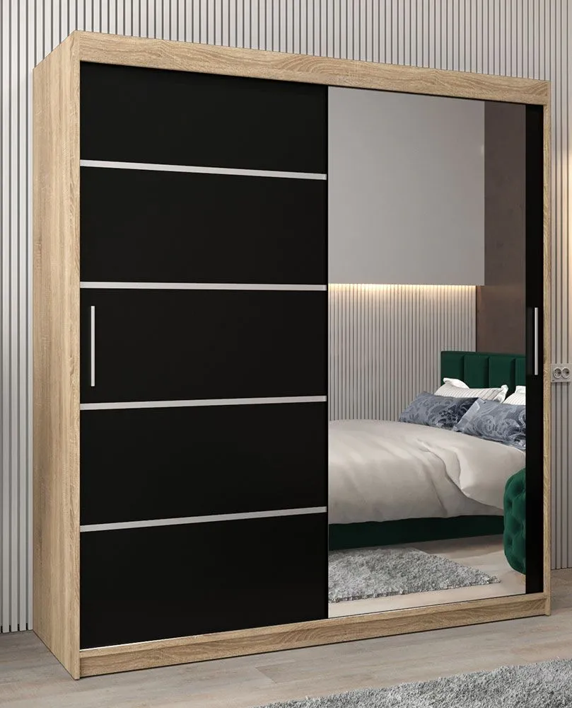 Schiebetürenschrank / Kleiderschrank Jan 04B mit Spiegel, Farbe: Eiche Sonoma / Schwarz - Abmessungen: 200 x 180 x 62 cm ( H x B x T)