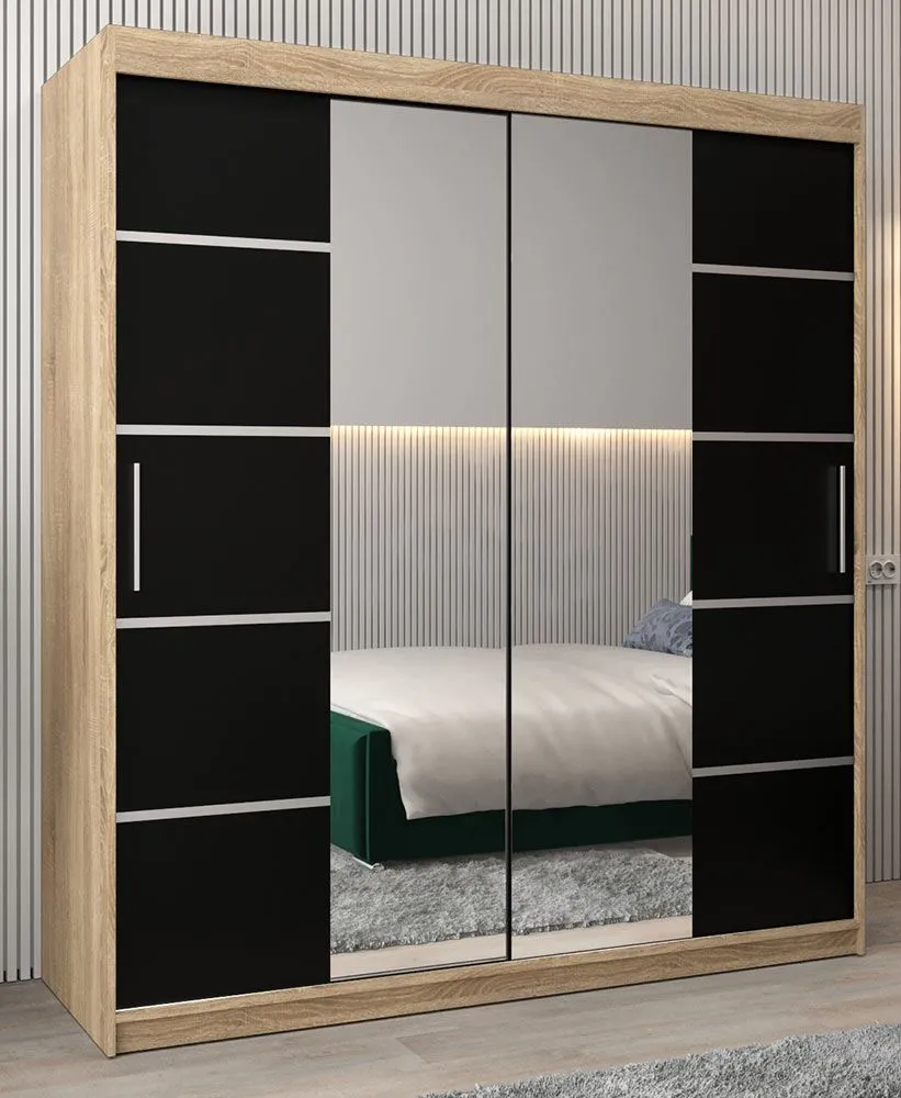 Schiebetürenschrank / Kleiderschrank Jan 04D mit Spiegel, Farbe: Eiche Sonoma / Schwarz - Abmessungen: 200 x 180 x 62 cm (H x B x T)