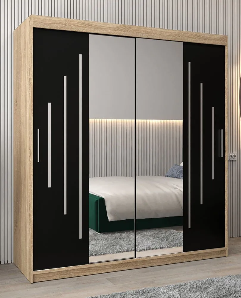 Schiebetürenschrank / Kleiderschrank mit Spiegel Tomlis 04A, Farbe: Eiche Sonoma / Schwarz - Abmessungen: 200 x 180 x 62 cm (H x B x T)