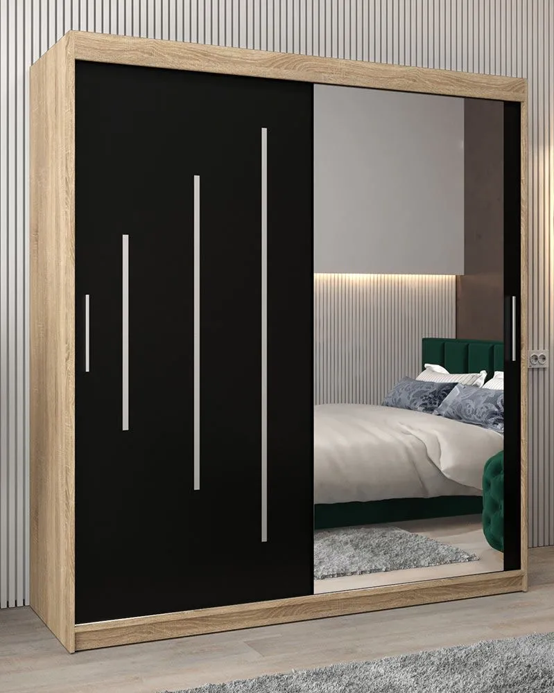 Schiebetürenschrank / Kleiderschrank mit Spiegel Tomlis 04B, Farbe: Eiche Sonoma / Schwarz- Abmessungen: 200 x 180 x 62 cm (H x B x T)