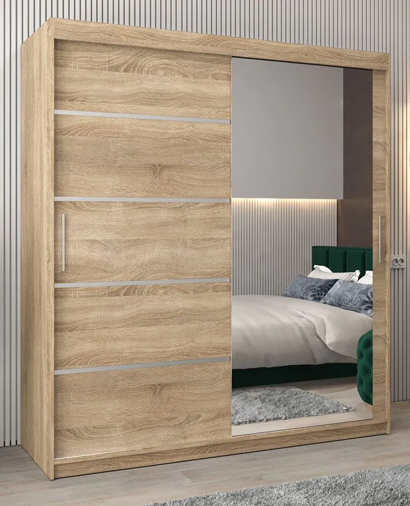 Schiebetürenschrank / Kleiderschrank Jan 04B mit Spiegel, Farbe: Eiche Sonoma - Abmessungen: 200 x 180 x 62 cm ( H x B x T)