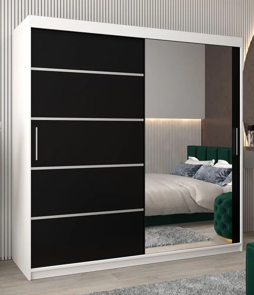 Schiebetürenschrank / Kleiderschrank Jan 05B mit Spiegel, Farbe: Weiß matt / Schwarz - Abmessungen: 200 x 200 x 62 cm ( H x B x T)