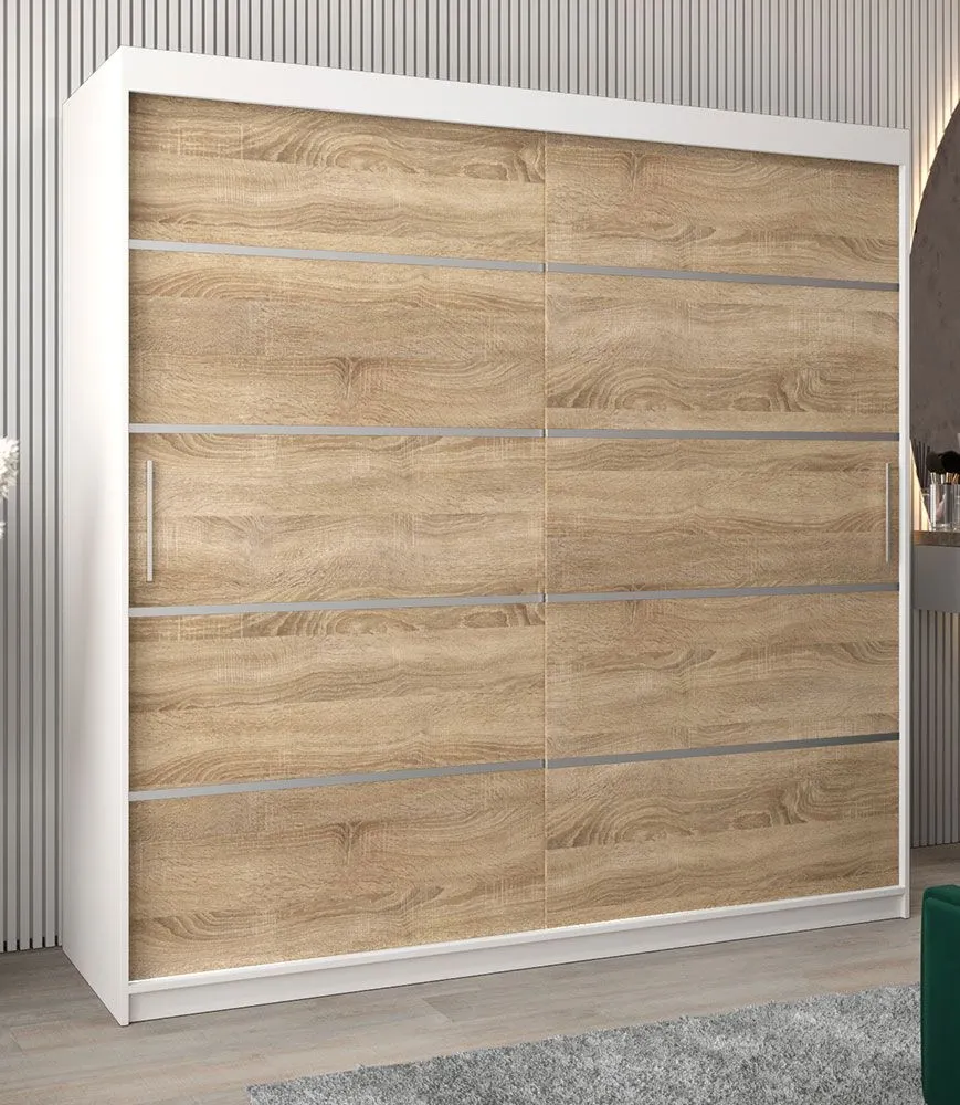 Schiebetürenschrank / Kleiderschrank Jan 05A, Farbe: Weiß matt / Eiche Sonoma - Abmessungen: 200 x 200 x 62 cm ( H x B x T)