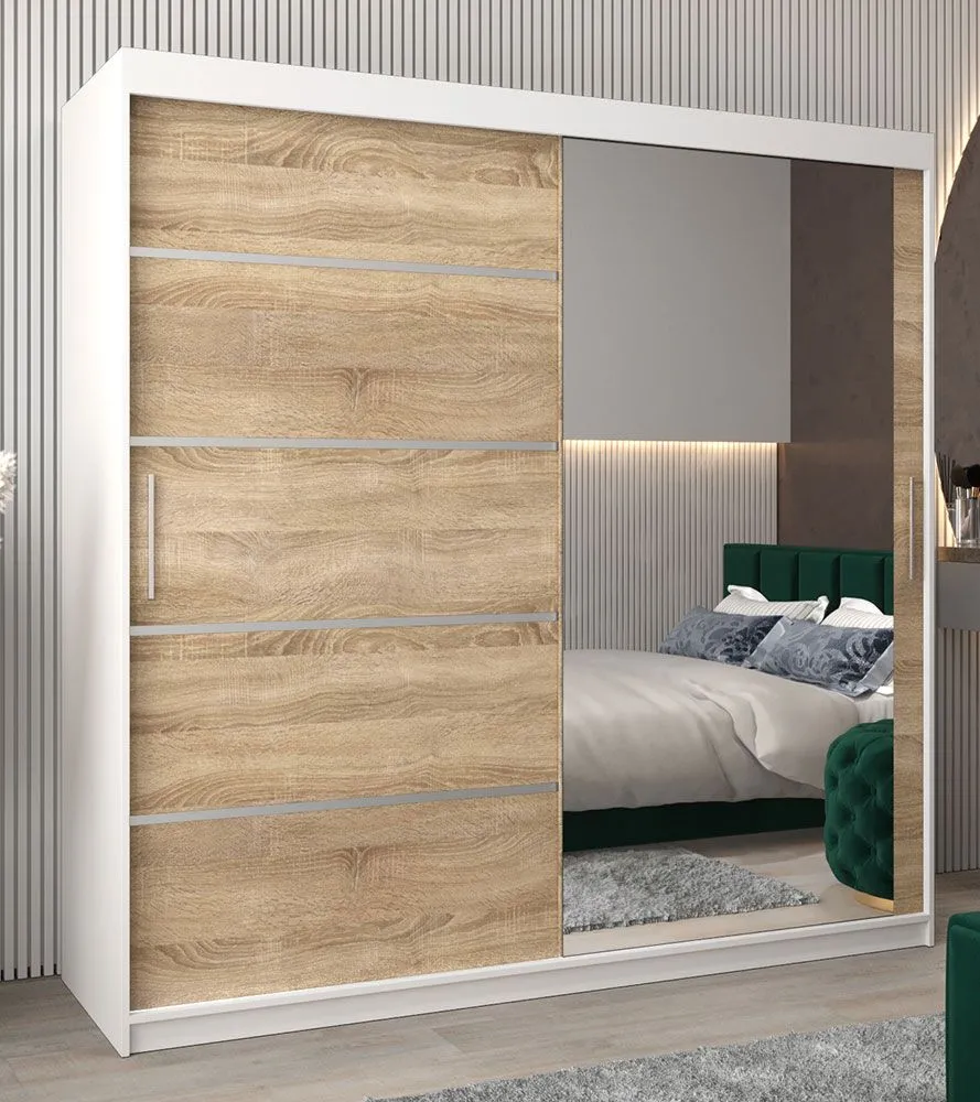 Schiebetürenschrank / Kleiderschrank Jan 05B mit Spiegel, Farbe: Weiß matt / Eiche Sonoma - Abmessungen: 200 x 200 x 62 cm ( H x B x T)