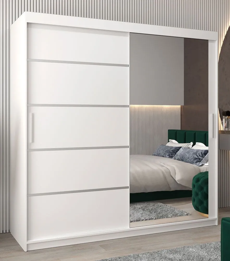 Schiebetürenschrank / Kleiderschrank Jan 05B mit Spiegel, Farbe: Weiß matt - Abmessungen: 200 x 200 x 62 cm ( H x B x T)