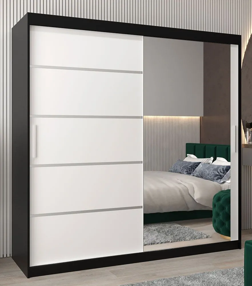 Schiebetürenschrank / Kleiderschrank Jan 05B mit Spiegel, Farbe: Schwarz / Weiß matt - Abmessungen: 200 x 200 x 62 cm ( H x B x T)