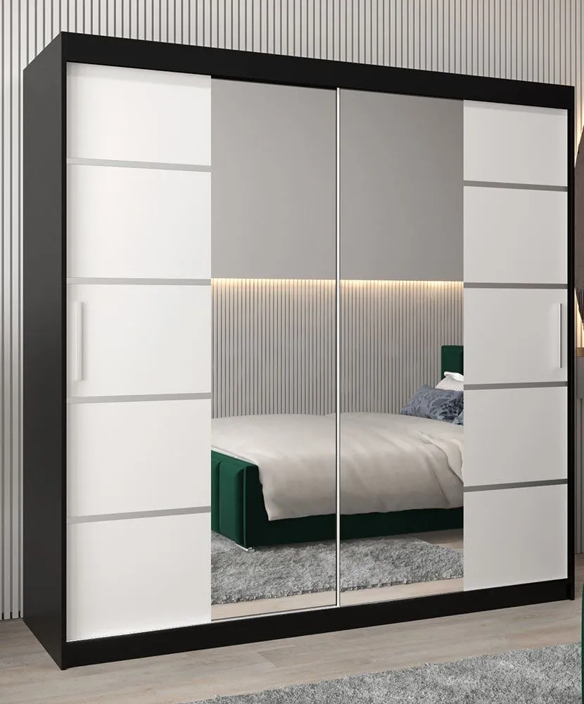 Schiebetürenschrank / Kleiderschrank Jan 05D mit Spiegel, Farbe: Schwarz / Weiß matt - Abmessungen: 200 x 200 x 62 cm (H x B x T)