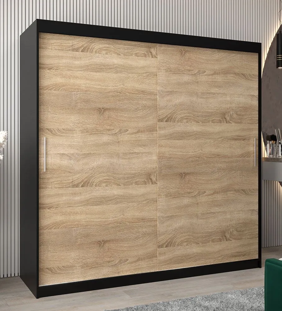 Schiebetürenschrank / Kleiderschrank Bisaurin 5A, Farbe: Schwarz / Eiche Sonoma - Abmessungen: 200 x 200 x 62 cm ( H x B x T)