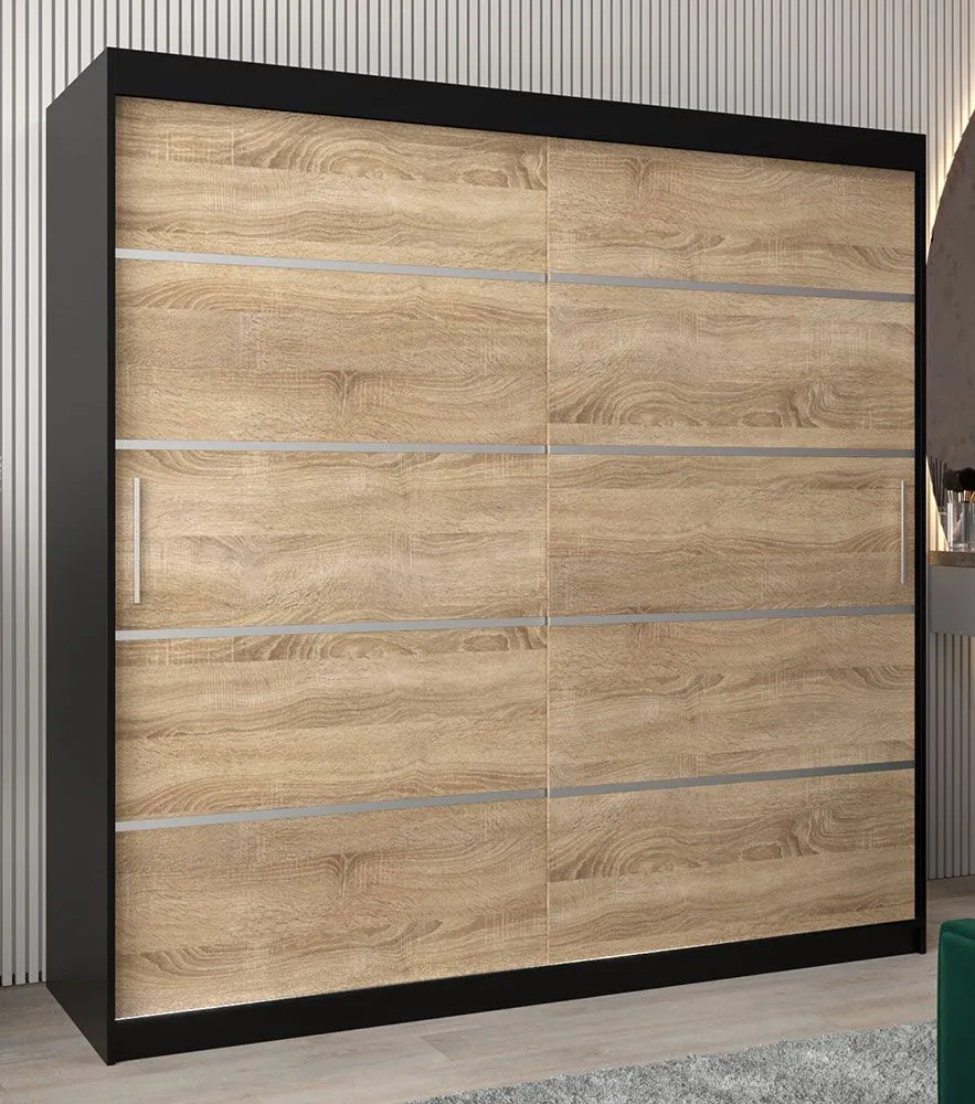 Schiebetürenschrank / Kleiderschrank Jan 05A, Farbe: Schwarz / Eiche Sonoma - Abmessungen: 200 x 200 x 62 cm ( H x B x T)