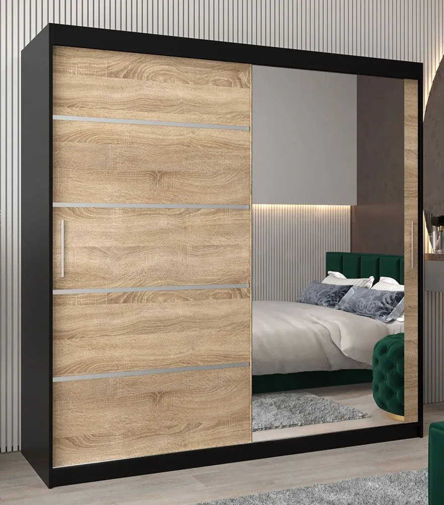 Schiebetürenschrank / Kleiderschrank Jan 05B mit Spiegel, Farbe: Schwarz / Eiche Sonoma - Abmessungen: 200 x 200 x 62 cm ( H x B x T)