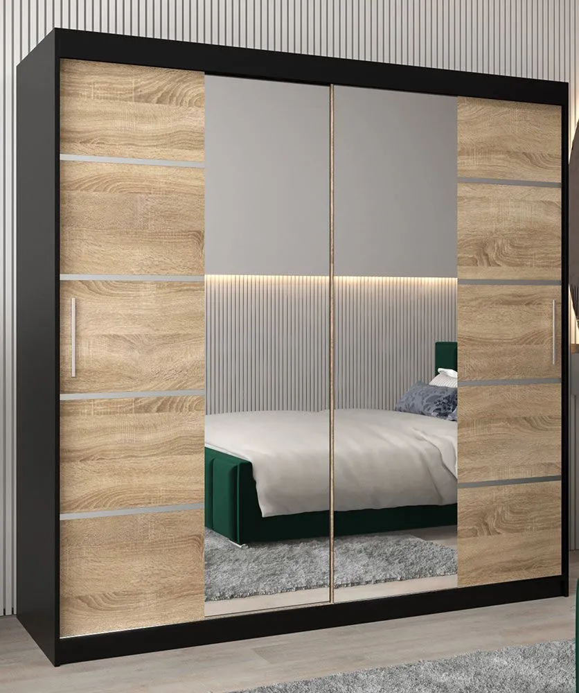 Schiebetürenschrank / Kleiderschrank Jan 05D mit Spiegel, Farbe: Schwarz / Eiche Sonoma - Abmessungen: 200 x 200 x 62 cm (H x B x T)