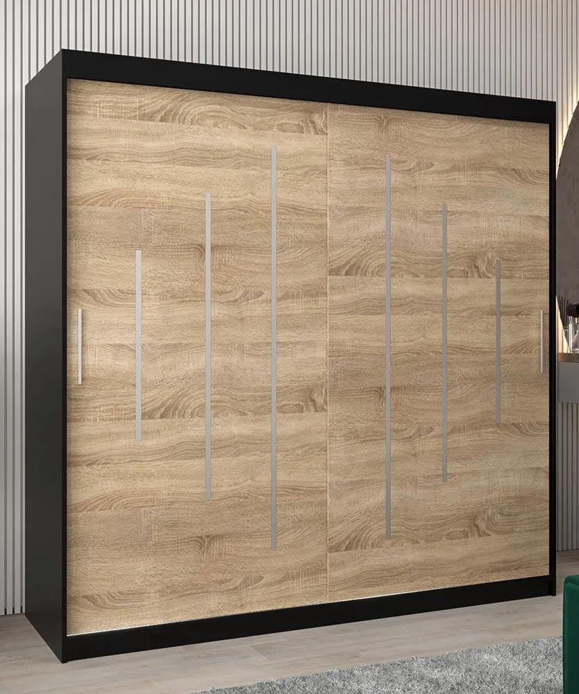 Schiebetürenschrank / Kleiderschrank Pilatus 05, Farbe: Schwarz / Eiche Sonoma - Abmessungen: 200 x 200 x 62 cm (H x B x T)