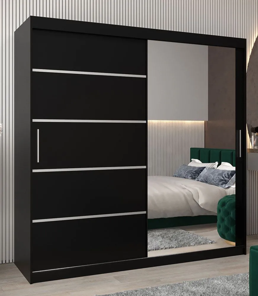 Schiebetürenschrank / Kleiderschrank Jan 05B mit Spiegel, Farbe: Schwarz - Abmessungen: 200 x 200 x 62 cm ( H x B x T)