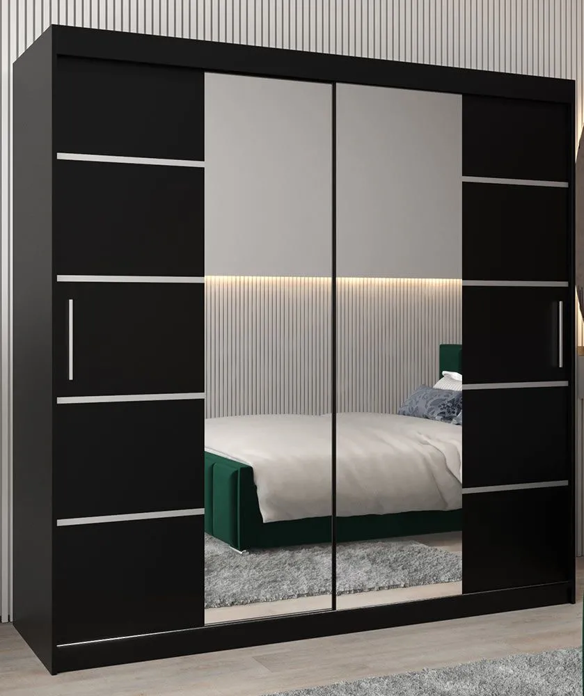 Schiebetürenschrank / Kleiderschrank Jan 05D mit Spiegel, Farbe: Schwarz - Abmessungen: 200 x 200 x 62 cm (H x B x T)