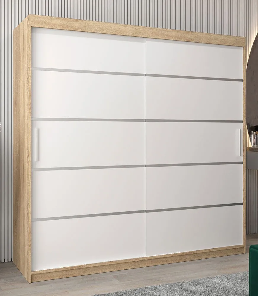 Schiebetürenschrank / Kleiderschrank Jan 05A, Farbe: Eiche Sonoma / Weiß matt - Abmessungen: 200 x 200 x 62 cm ( H x B x T)