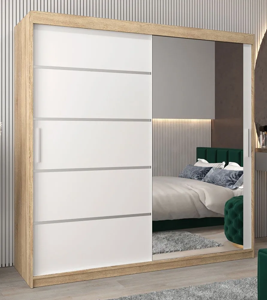 Schiebetürenschrank / Kleiderschrank Jan 05B mit Spiegel, Farbe: Eiche Sonoma / Weiß matt - Abmessungen: 200 x 200 x 62 cm ( H x B x T)