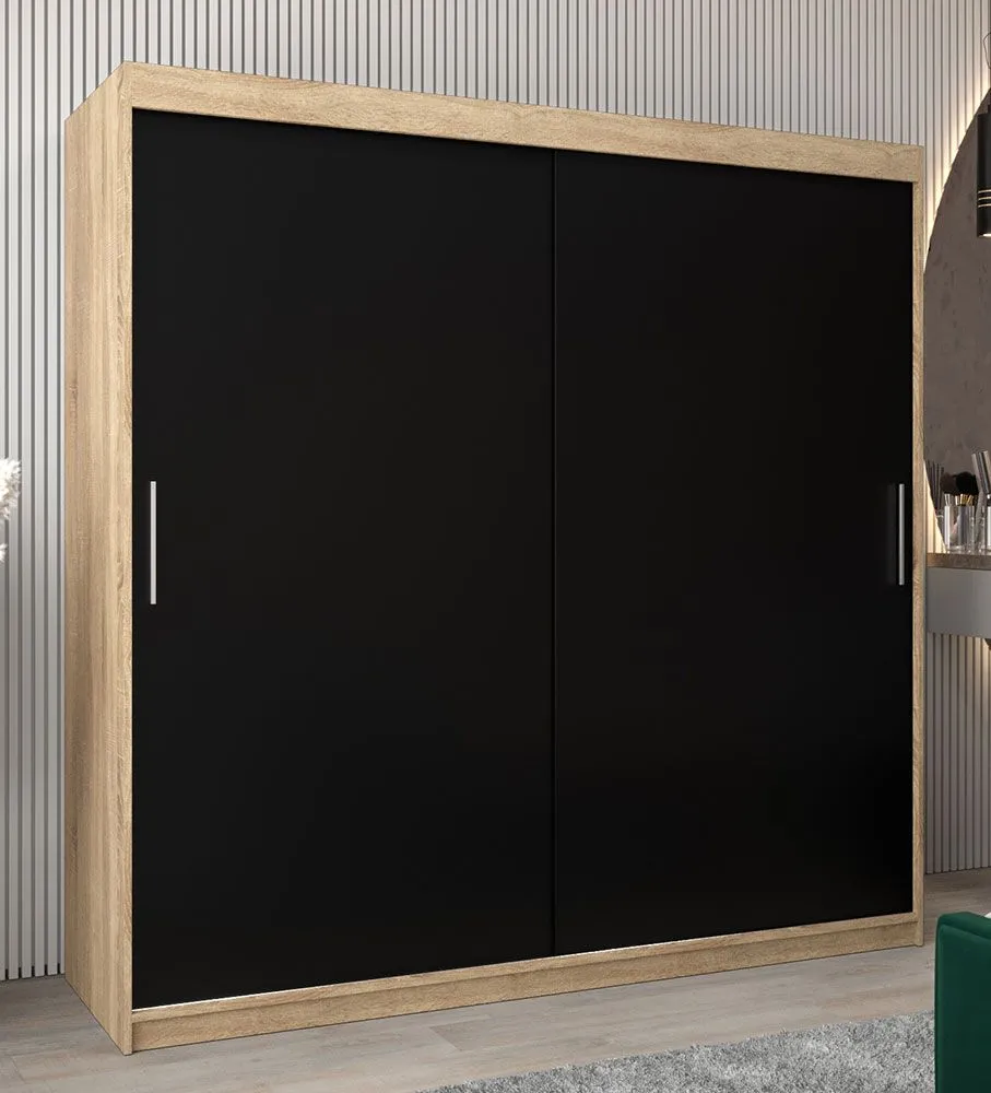 Schiebetürenschrank / Kleiderschrank Bisaurin 5A, Farbe: Eiche Sonoma / Schwarz - Abmessungen: 200 x 200 x 62 cm ( H x B x T)