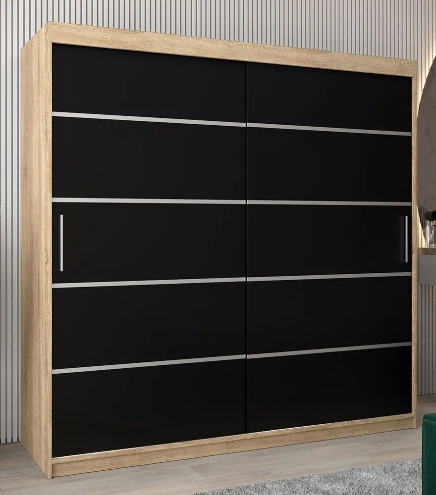 Schiebetürenschrank / Kleiderschrank Jan 05A, Farbe: Eiche Sonoma / Schwarz - Abmessungen: 200 x 200 x 62 cm ( H x B x T)