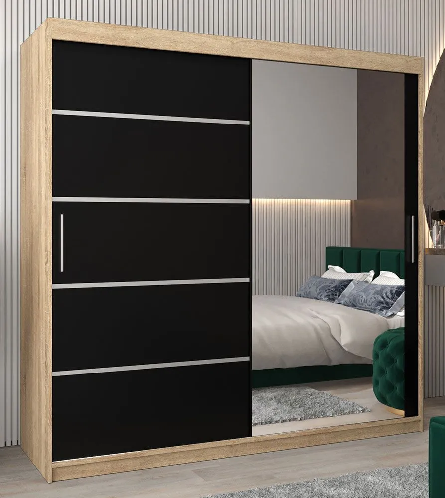 Schiebetürenschrank / Kleiderschrank Jan 05B mit Spiegel, Farbe: Eiche Sonoma / Schwarz - Abmessungen: 200 x 200 x 62 cm ( H x B x T)