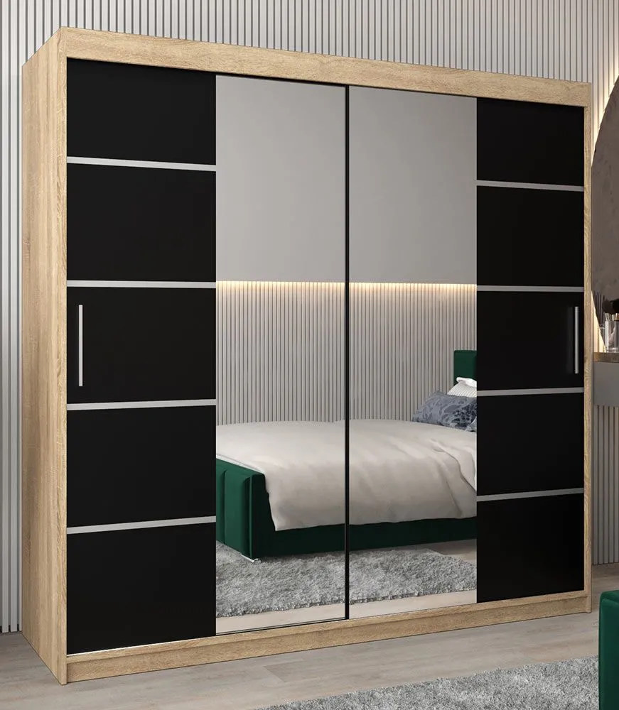 Schiebetürenschrank / Kleiderschrank Jan 05D mit Spiegel, Farbe: Eiche Sonoma / Schwarz - Abmessungen: 200 x 200 x 62 cm (H x B x T)