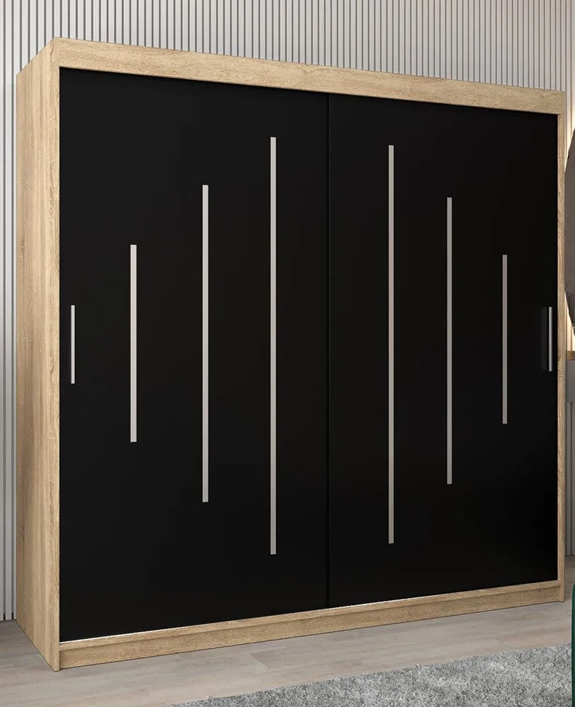 Schiebetürenschrank / Kleiderschrank Pilatus 05, Farbe: Eiche Sonoma / Schwarz - Abmessungen: 200 x 200 x 62 cm (H x B x T)