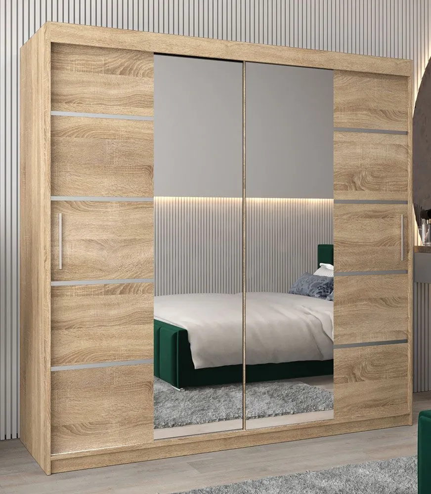 Schiebetürenschrank / Kleiderschrank Jan 05D mit Spiegel, Farbe: Eiche Sonoma - Abmessungen: 200 x 200 x 62 cm (H x B x T)